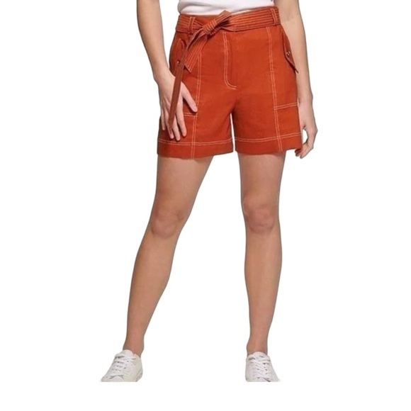 Calvin Klein Size XL Linen Blend Stitched Tie Waist Belted Shorts Burnt Orange - Picture 2 of 10